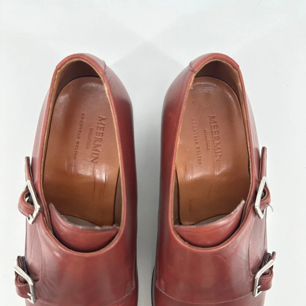 Meermin Double Monk Strap Shoes Mens UK6.5 US 7.5 Burgundy Leather Luxury Dapper